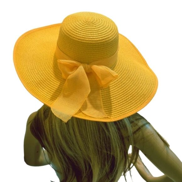 New Yellow straw beach sun hat with bow - Picture 2 of 6